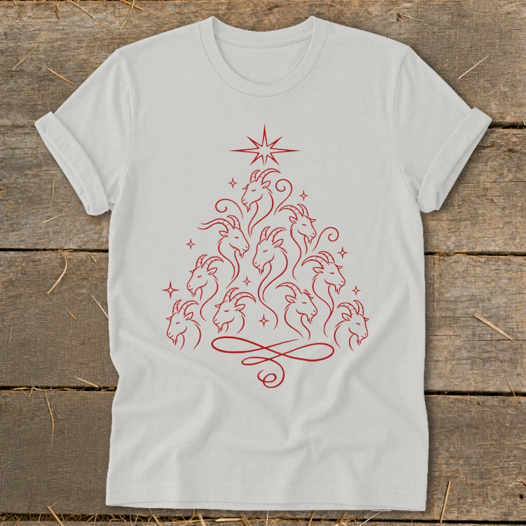 White t-shirt with red line art of goats forming a Christmas tree shape.