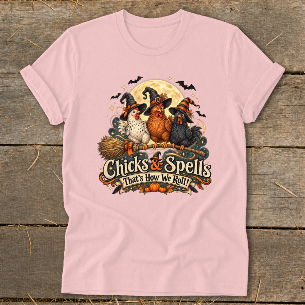 Three chickens in witch hats on a broomstick with "Chicks & Spells That's How We Roll!" text.
