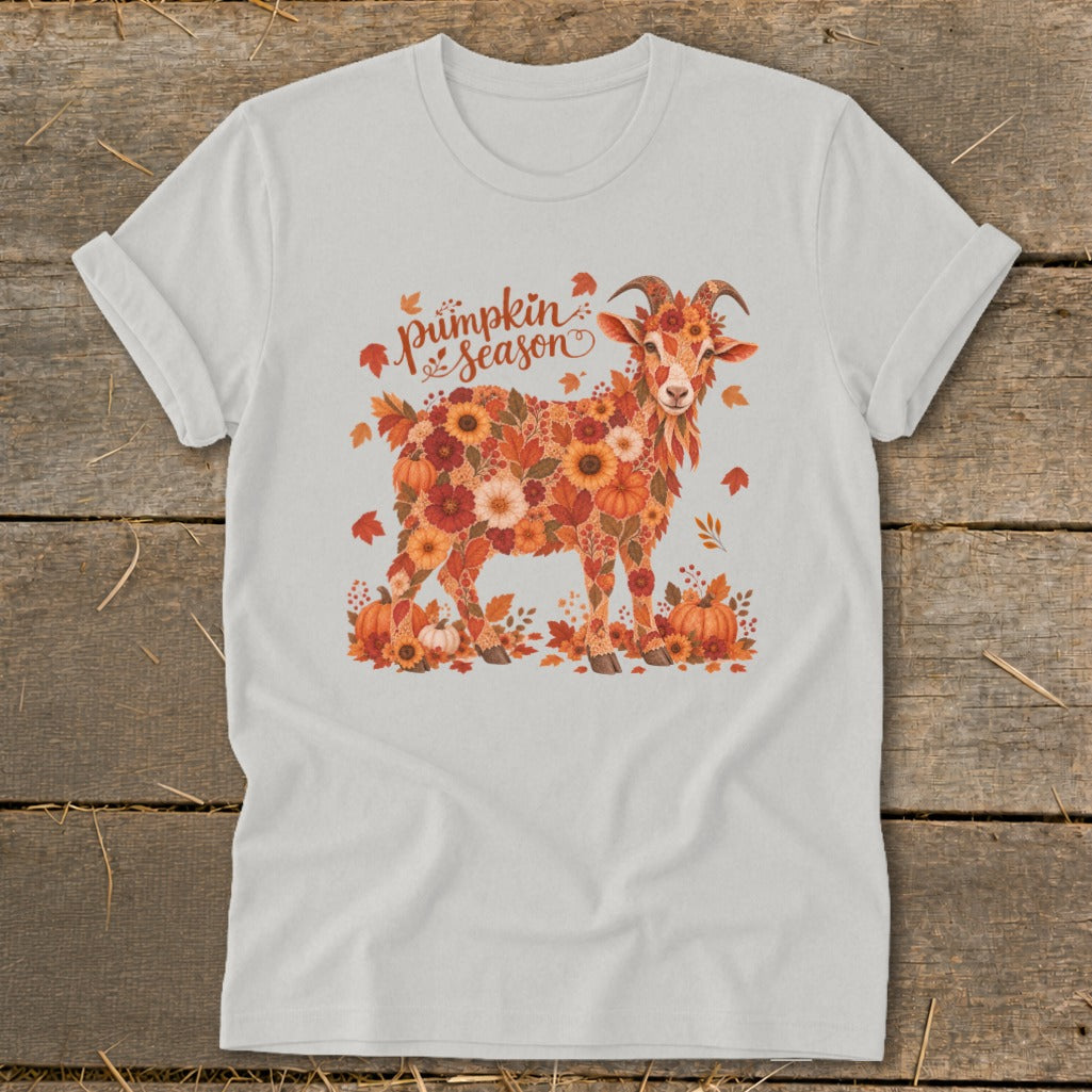 White t-shirt with a goat made of autumnal flowers and pumpkins, text reads "Pumpkin Season."