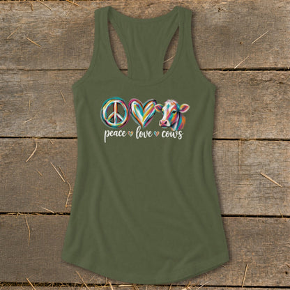 Olive green tank top with "peace love cows" text and colorful cow graphic.