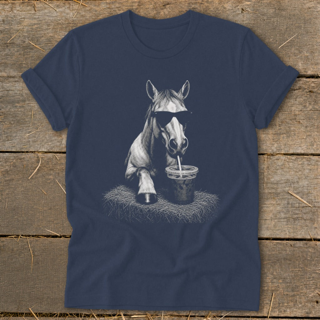 Horse wearing sunglasses drinks from cup on hay bale graphic on navy t-shirt