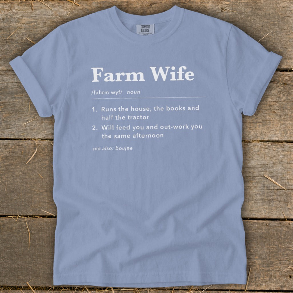 Light blue t-shirt with "Farm Wife" definition text including two numbered definitions.
