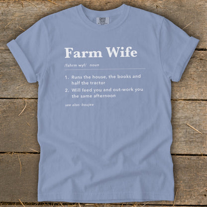 Light blue t-shirt with "Farm Wife" definition text including two numbered definitions.