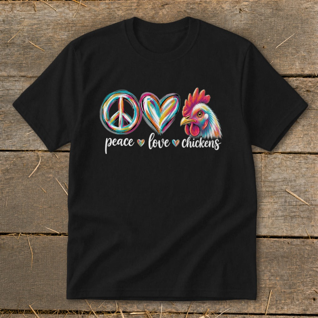 Black t-shirt with peace, heart, and chicken graphics and text "peace love chickens".