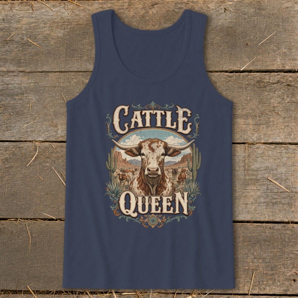 Navy tank top with "Cattle Queen" text and a longhorn steer illustration.