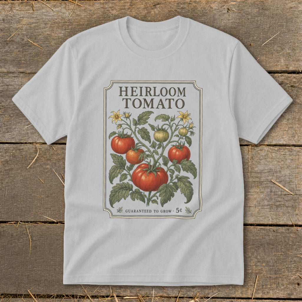 Light gray t-shirt with vintage heirloom tomato illustration and "Guaranteed to Grow 5c" text.