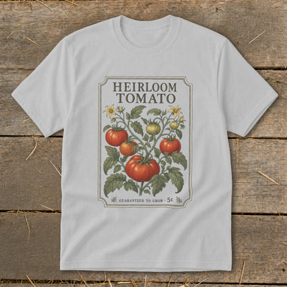 Light gray t-shirt with vintage heirloom tomato illustration and "Guaranteed to Grow 5c" text.