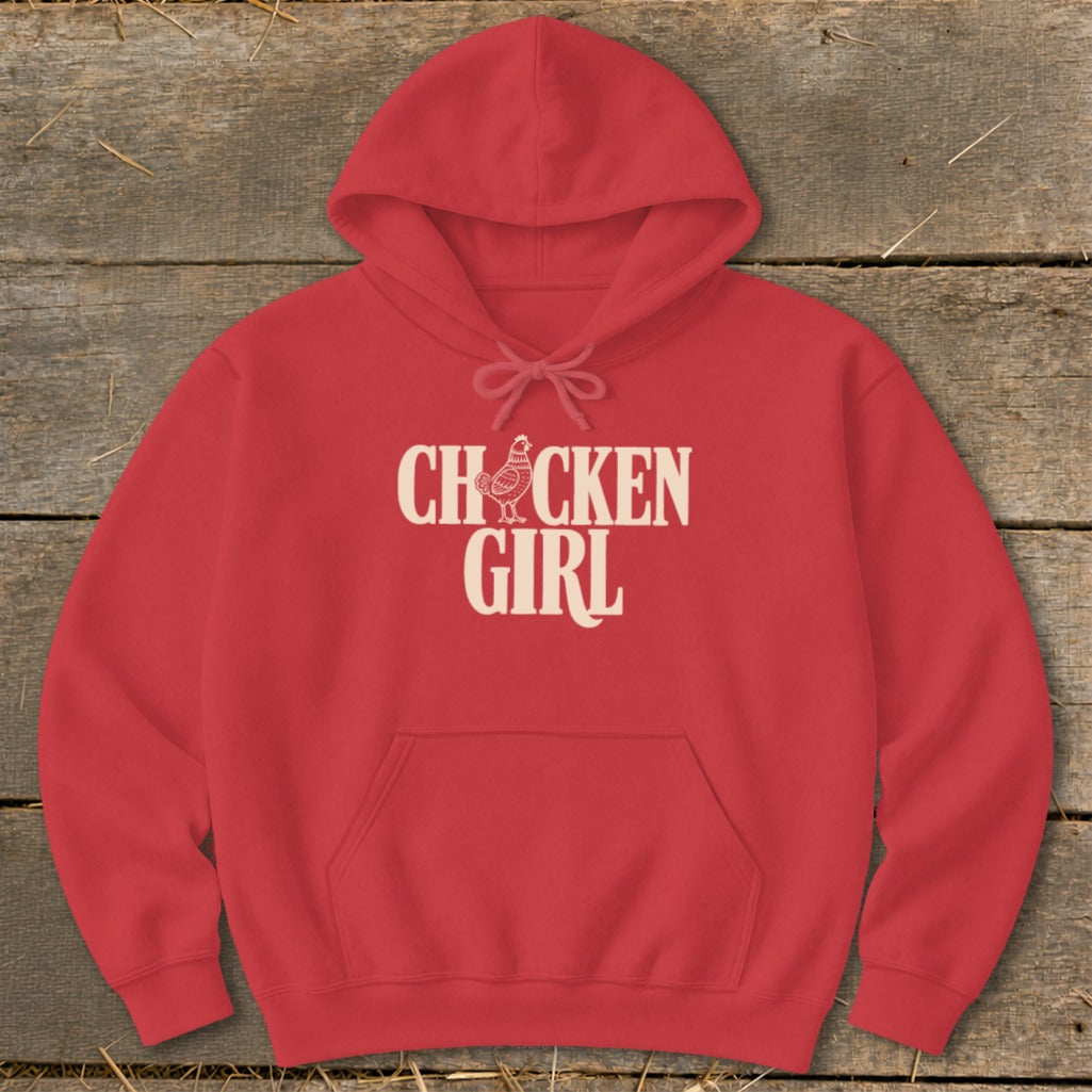 Red hoodie with "Chicken Girl" text and a chicken graphic.