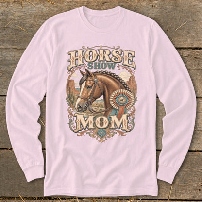 Horse Show Mom graphic with a horse, ribbon, and desert landscape.
