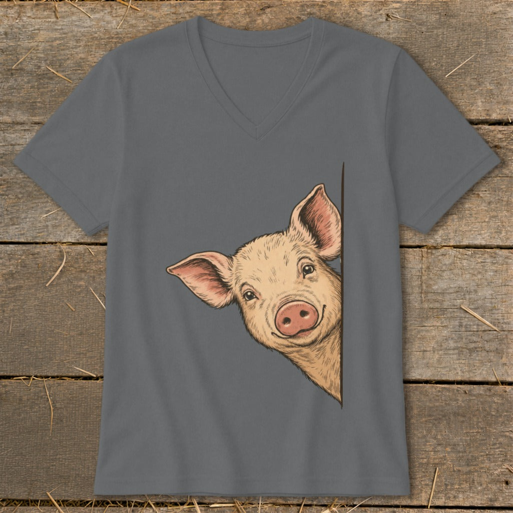 Illustration of a smiling pig peeking from the side of a grey V-neck t-shirt.