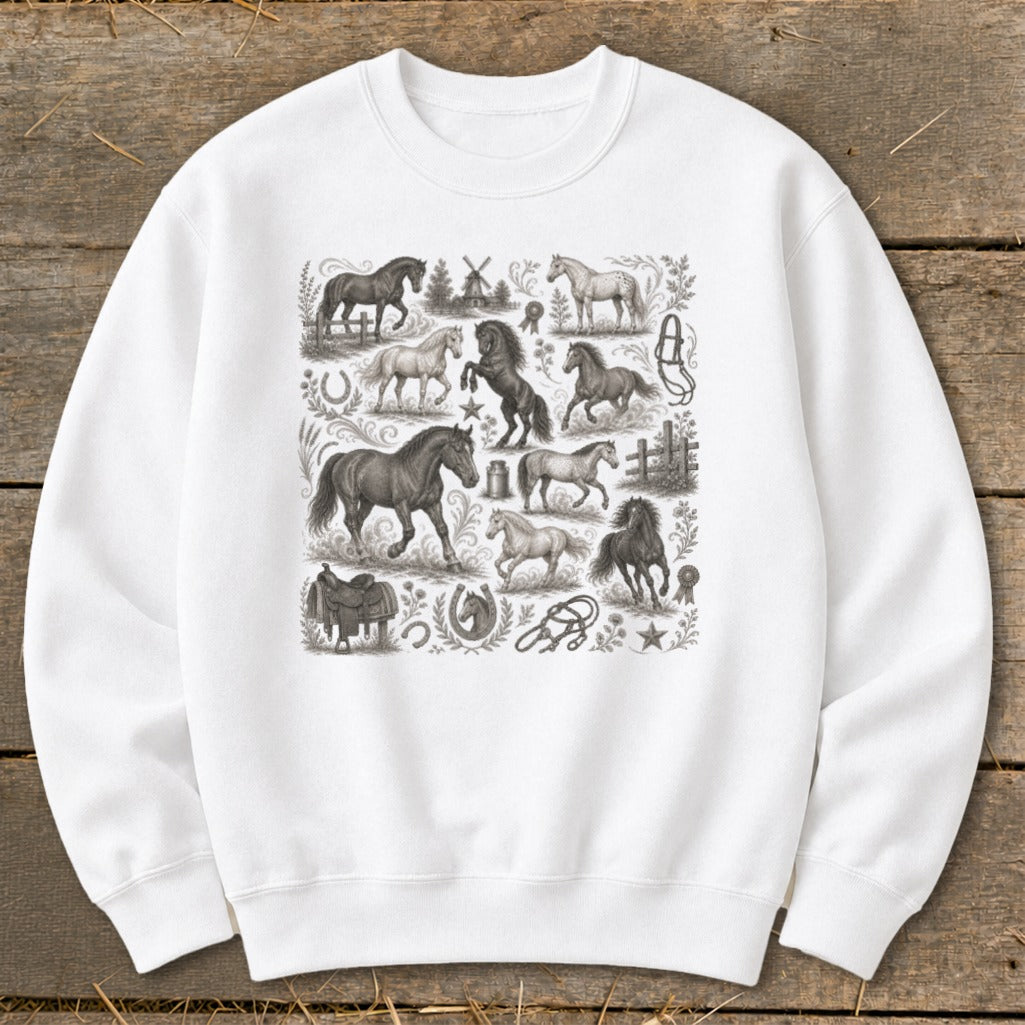 White sweatshirt with a collage of vintage horse illustrations and equestrian gear.
