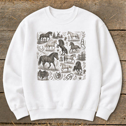 White sweatshirt with a collage of vintage horse illustrations and equestrian gear.