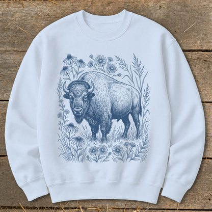 Light blue sweatshirt with a blue ink drawing of a bison among wildflowers.