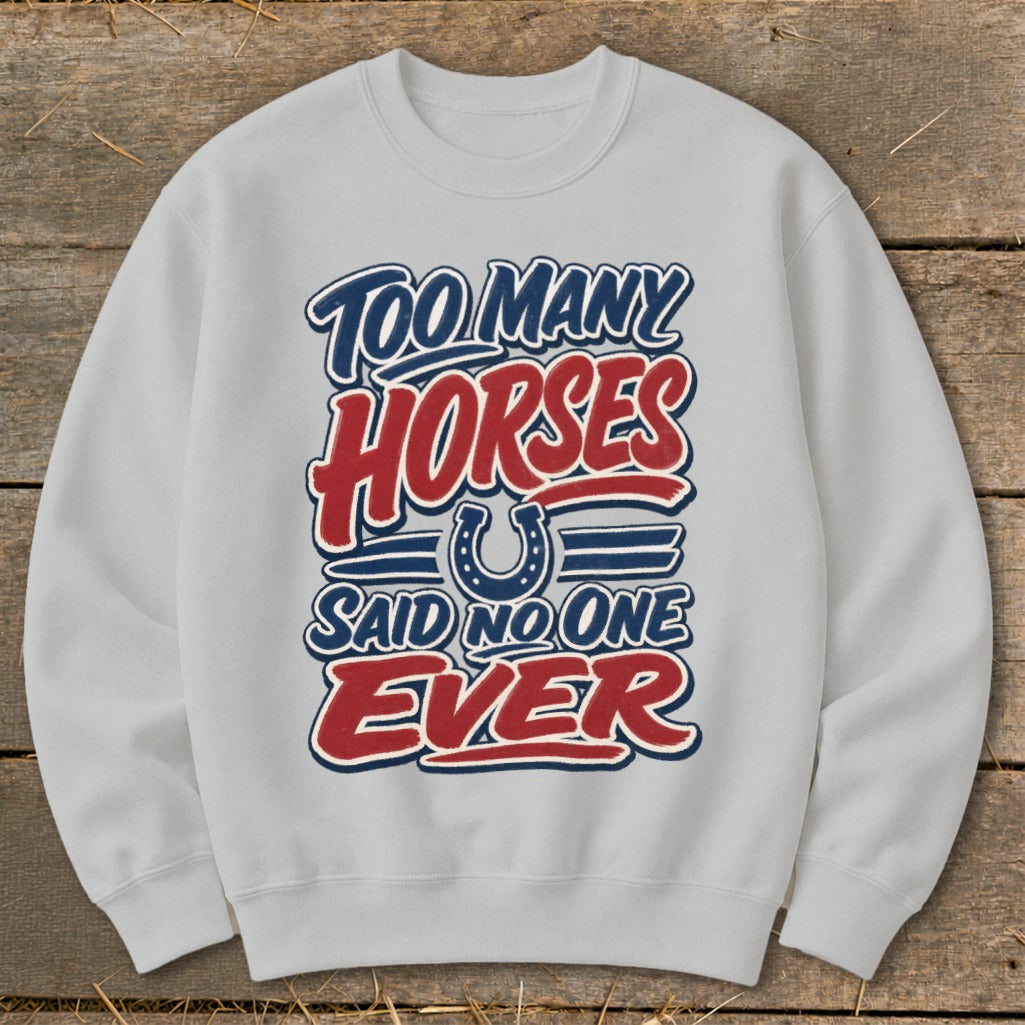 Light gray sweatshirt with text "Too Many Horses Said No One Ever" and horseshoe graphic.