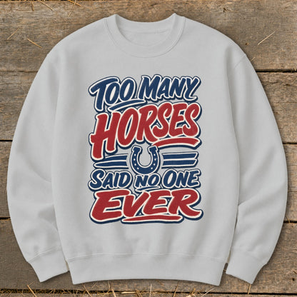 Light gray sweatshirt with text "Too Many Horses Said No One Ever" and horseshoe graphic.