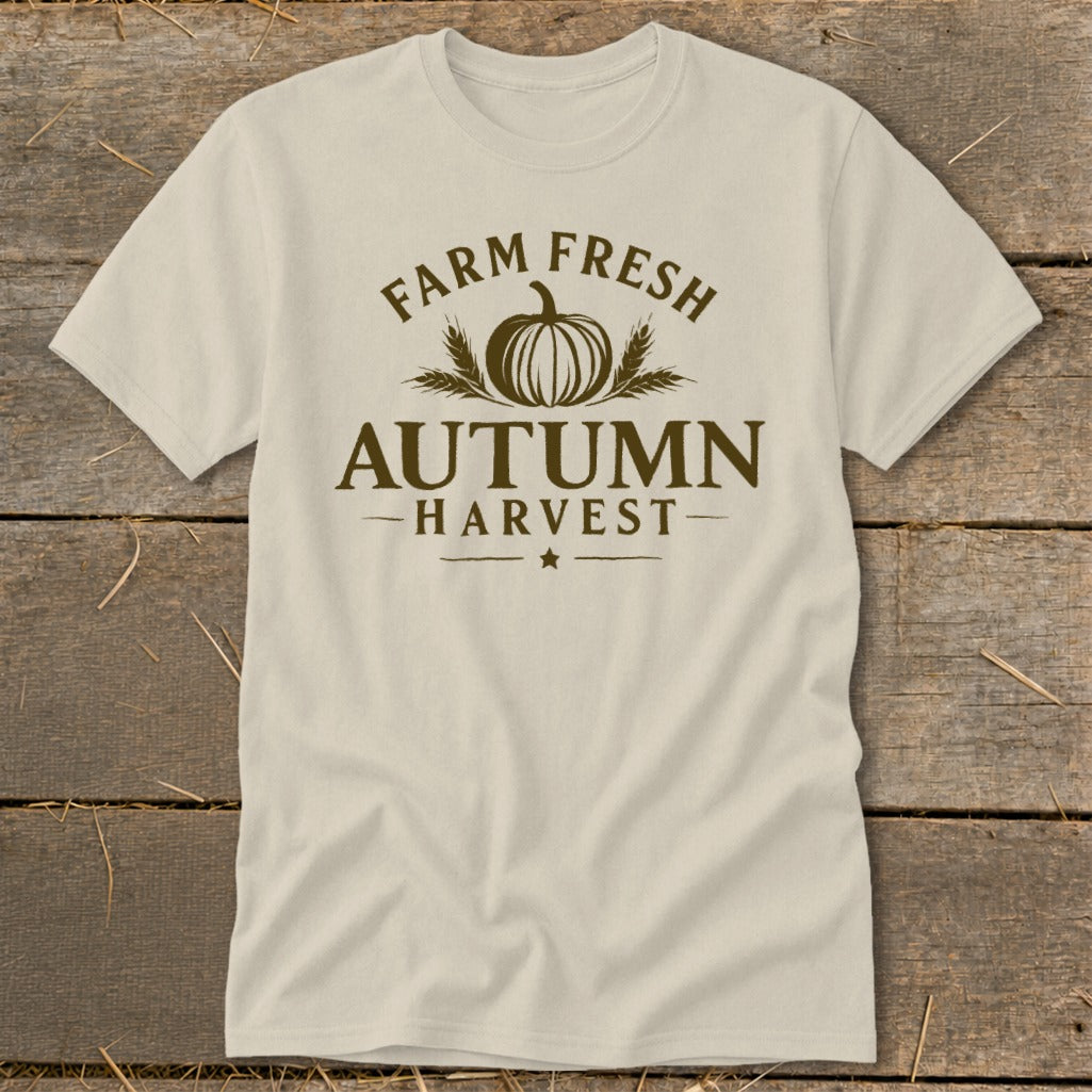 Cream t-shirt with "Farm Fresh Autumn Harvest" text and pumpkin graphic.