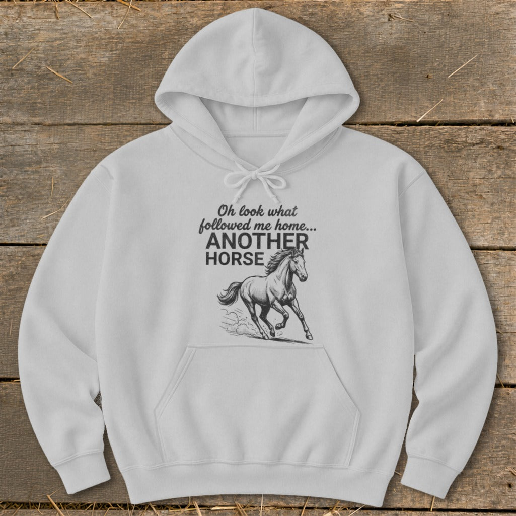 White hoodie with text "Oh look what followed me home... ANOTHER HORSE" and horse graphic.
