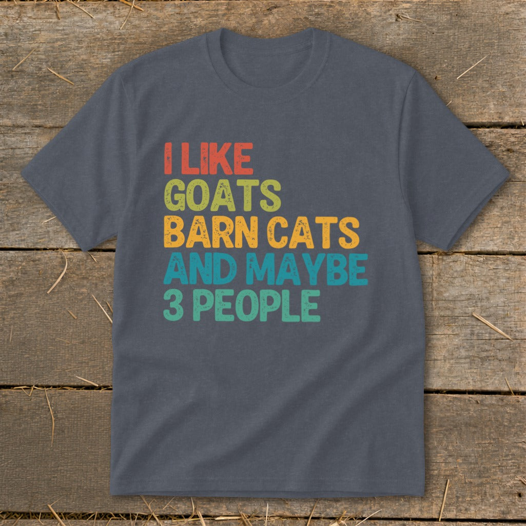 T-shirt with "I like goats, barn cats, and maybe 3 people" text in retro colors.