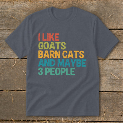 T-shirt with "I like goats, barn cats, and maybe 3 people" text in retro colors.