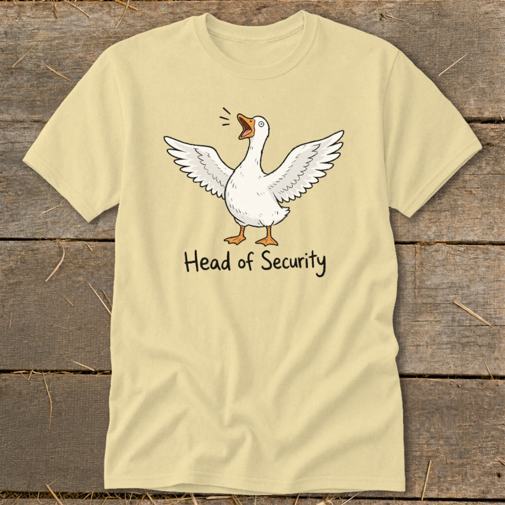 Light yellow t-shirt with a cartoon goose and "Head of Security" text.