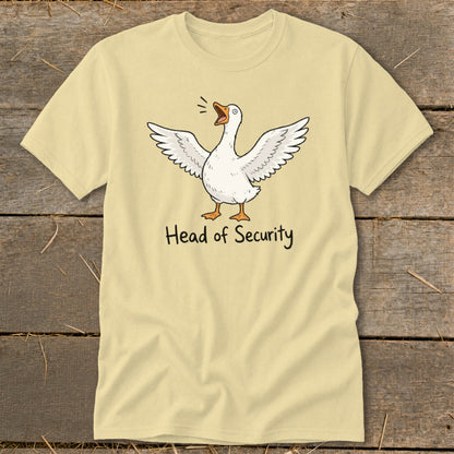Light yellow t-shirt with a cartoon goose and "Head of Security" text.