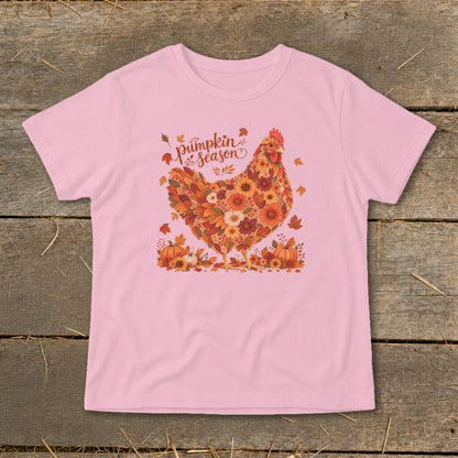 Pink t-shirt with floral chicken graphic and "pumpkin season" text.