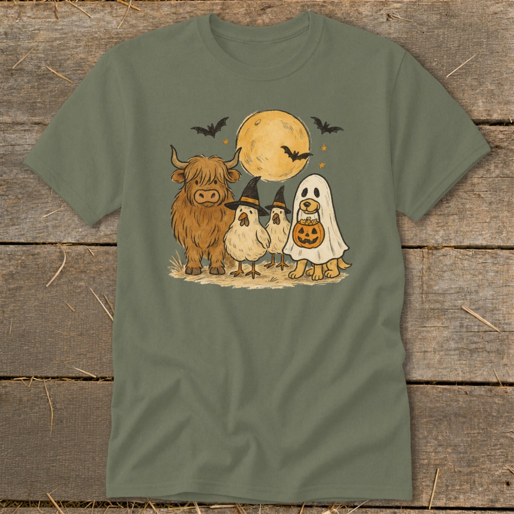 Highland cow, chickens, and dog in Halloween costumes under a full moon.