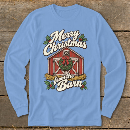 Long sleeve blue shirt with "Merry Christmas from the Barn" and a decorated barn graphic.