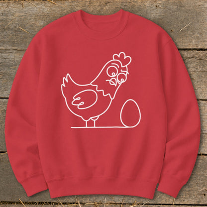Red sweatshirt with white line drawing of a surprised chicken and an egg.