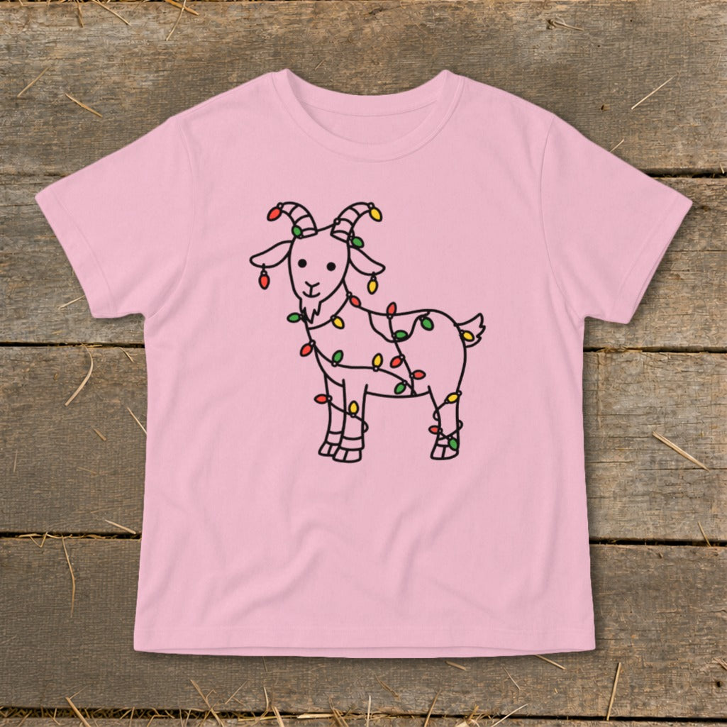 Pink t-shirt featuring a line drawing of a goat wrapped in colorful Christmas lights.