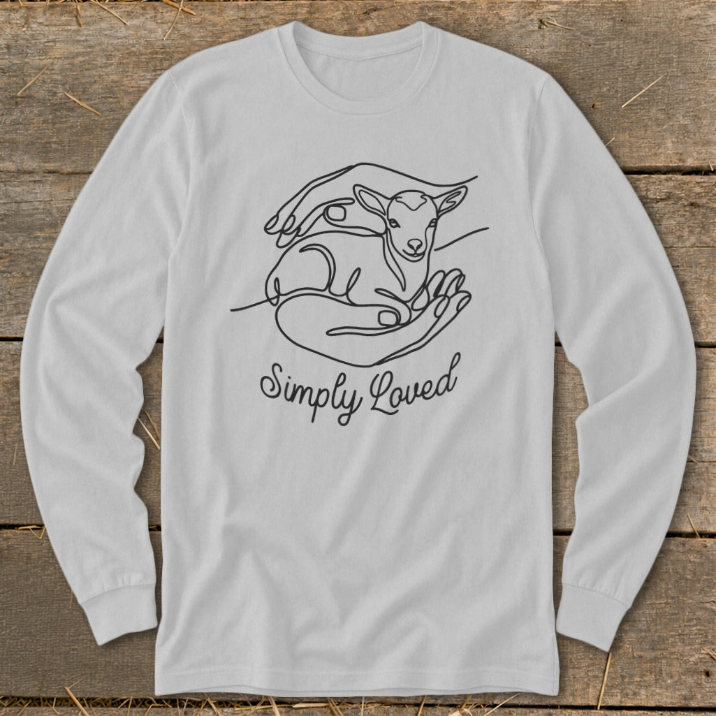 Long sleeve shirt with line art of a lamb in hands and the text "Simply Loved".