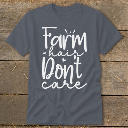 Dark grey t-shirt with white text "Farm hair Don't care."