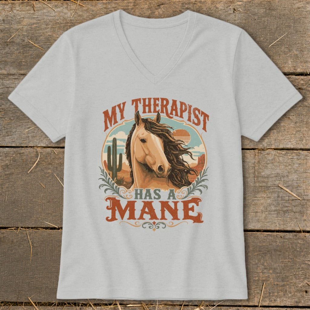 Light grey t-shirt with horse graphic and text "MY THERAPIST HAS A MANE".