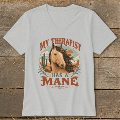 Light grey t-shirt with horse graphic and text "MY THERAPIST HAS A MANE".