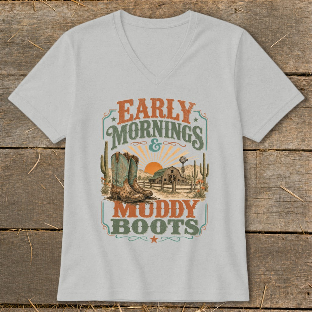 T-shirt graphic with "Early Mornings & Muddy Boots" text, cowboy boot, barn, and cacti.