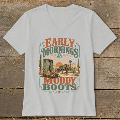 T-shirt graphic with "Early Mornings & Muddy Boots" text, cowboy boot, barn, and cacti.