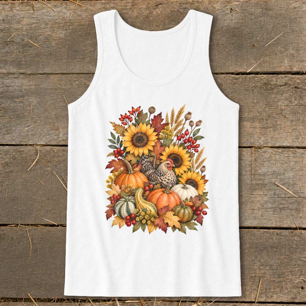 White tank top with fall harvest illustration of pumpkins, sunflowers, berries, and a chicken.