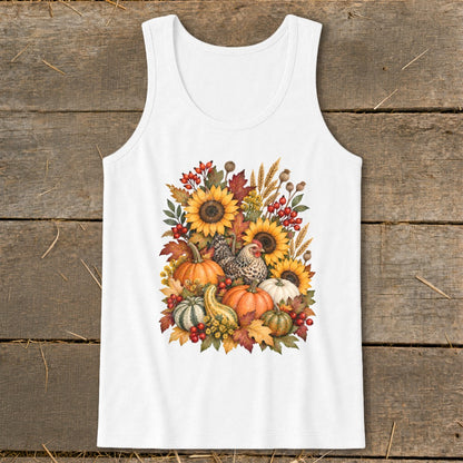 White tank top with fall harvest illustration of pumpkins, sunflowers, berries, and a chicken.