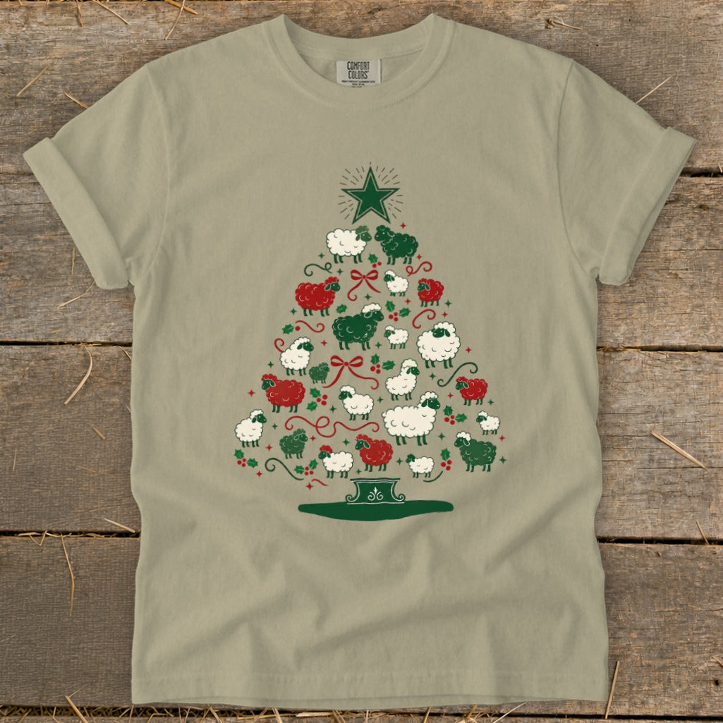 Christmas tree made of white and red sheep with a green star.