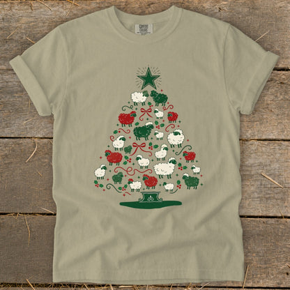 Christmas tree made of white and red sheep with a green star.