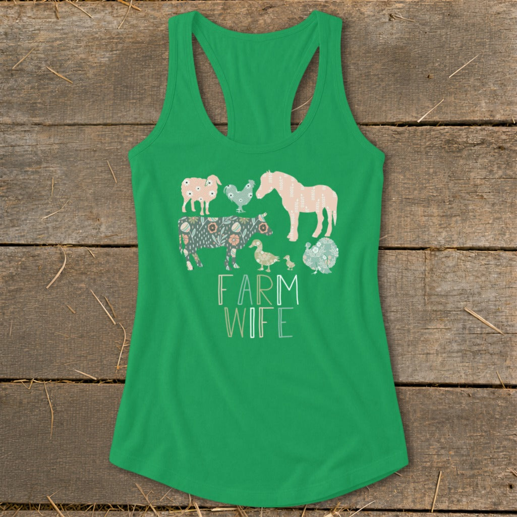 Green tank top with farm animals and "FARM WIFE" text in pastel colors.