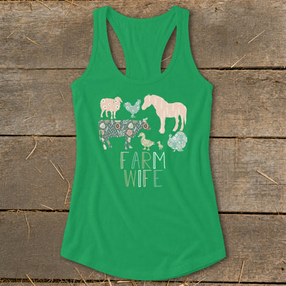 Green tank top with farm animals and "FARM WIFE" text in pastel colors.