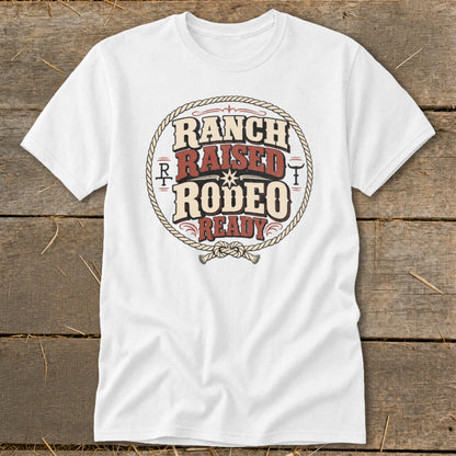 White t-shirt with "Ranch Raised Rodeo Ready" text inside a rope circle.