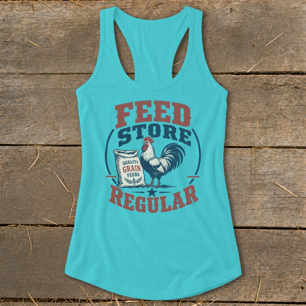 Turquoise tank top with "FEED STORE REGULAR" text and rooster on grain bag graphic.