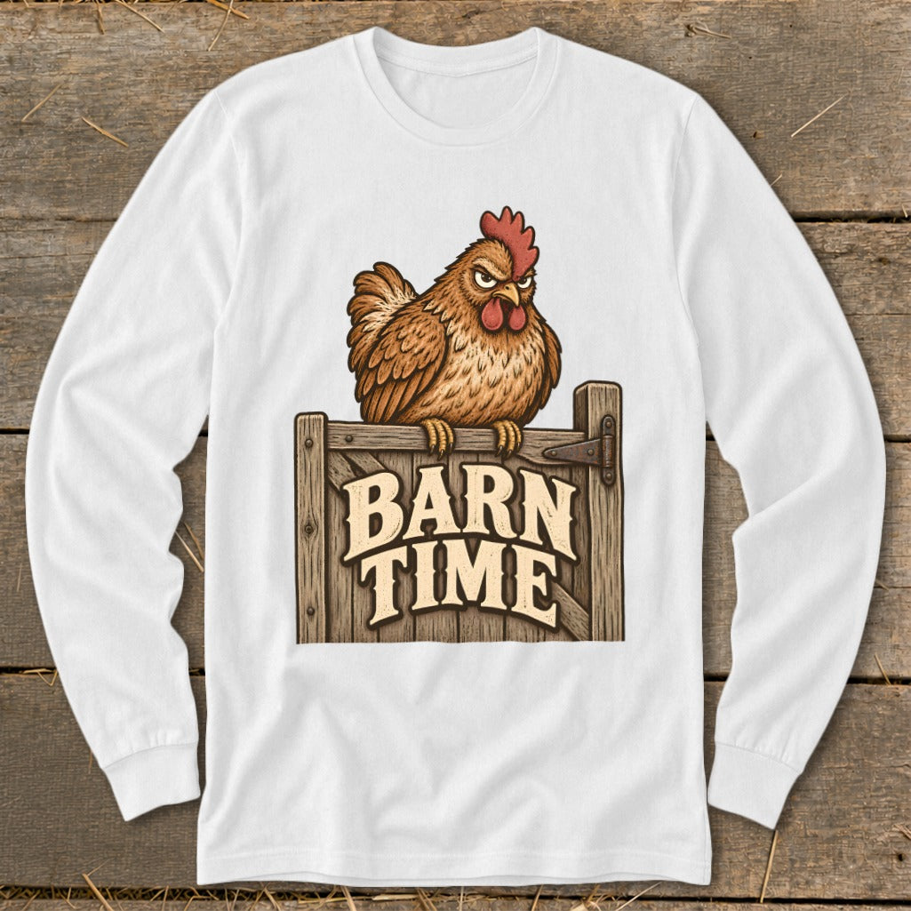 Illustration of a grumpy chicken on a wooden fence post with "Barn Time" text.
