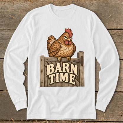 Illustration of a grumpy chicken on a wooden fence post with "Barn Time" text.