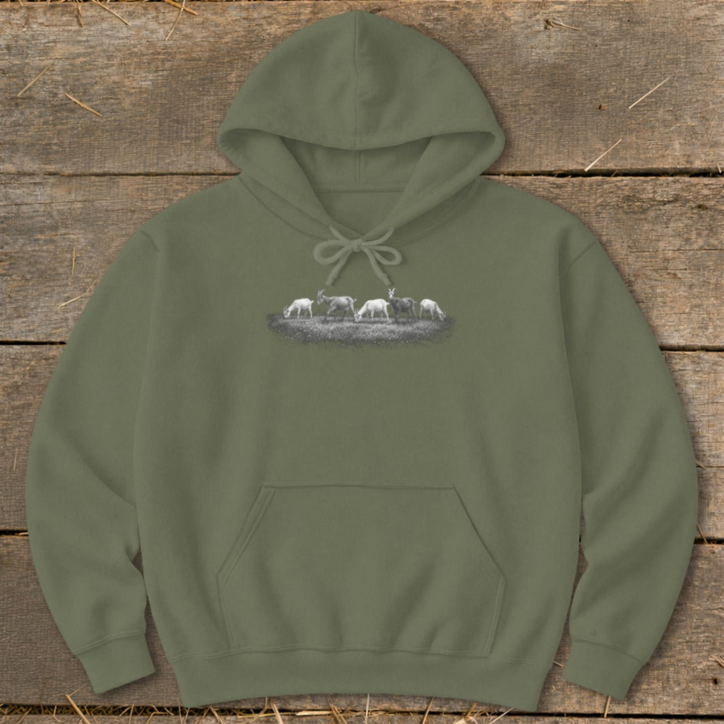 Olive green hoodie with a printed line art of goats grazing in a field.