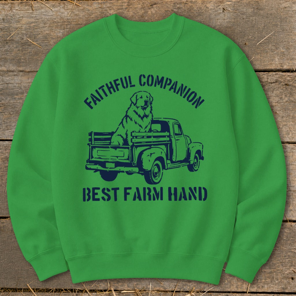 Green sweatshirt with navy graphic of dog in truck and text "FAITHFUL COMPANION BEST FARM HAND".