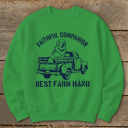 Green sweatshirt with navy graphic of dog in truck and text "FAITHFUL COMPANION BEST FARM HAND".