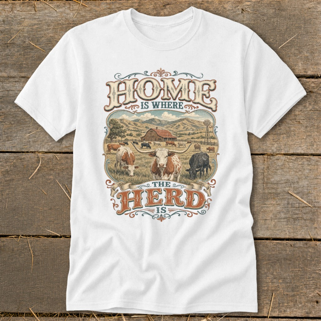White t-shirt graphic with text "HOME IS WHERE THE HERD IS" and a farm scene.
